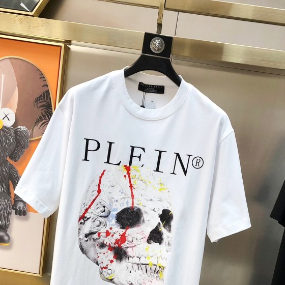 Philippe Plaine Men's Round Neck Short Sleeve T-shirt 3D Adhesive Letter Logo Skull Head