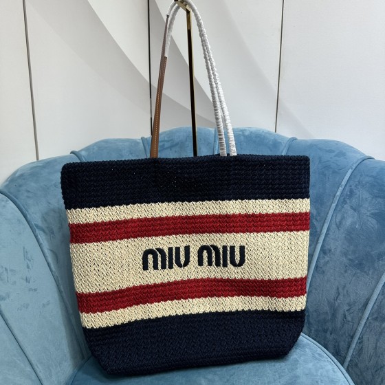 MIU MIU BG228: Imported Lafite Grass Woven Cotton Thread Woven Tote Bag