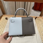 Mini Kelly Second Generation, Cumulonimbus Cloud Grey with Holy Grail Blue, palm print, gold buckle, 19cm