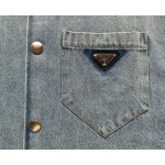 Prada Triangle Iron Brand Single breasted Washed Light Blue Denim Short Sleeve Shirt Coat