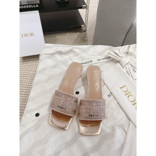 Dior silk style vintage embroidered leather sole slippers