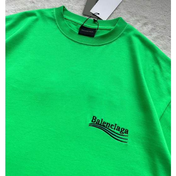 Balenciaga Fluorescent Green Coca Cola Embroidered Round Neck Short Sleeve