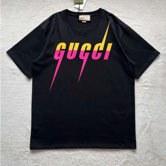 Gucci Contrast Lightning Print Round Neck Short Sleeve