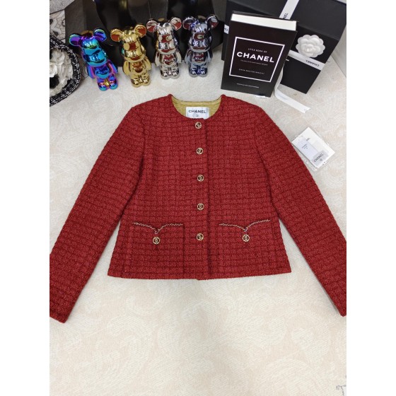 CHANEL Early Autumn Collection Vintage Red Fragrant Rough Tweed Coat