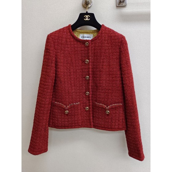 CHANEL Early Autumn Collection Vintage Red Fragrant Rough Tweed Coat