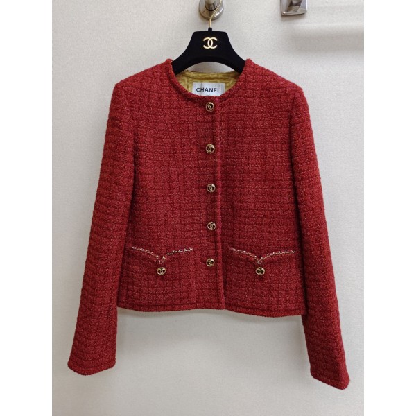 CHANEL Early Autumn Collection Vintage Red Fragrant Rough Tweed Coat
