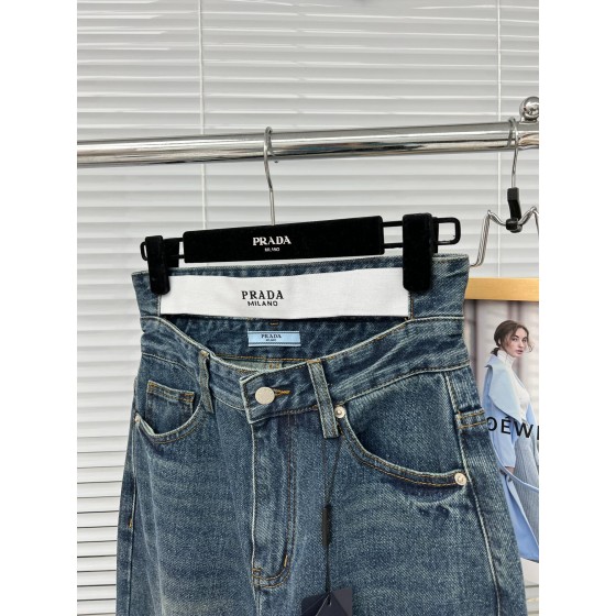Prada Letter Waistband Hollow Back Pocket Triangle Logo Jeans