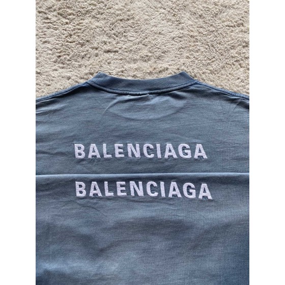 Balenciaga Gradient Aqua Small Embroidered Round Neck Short Sleeve