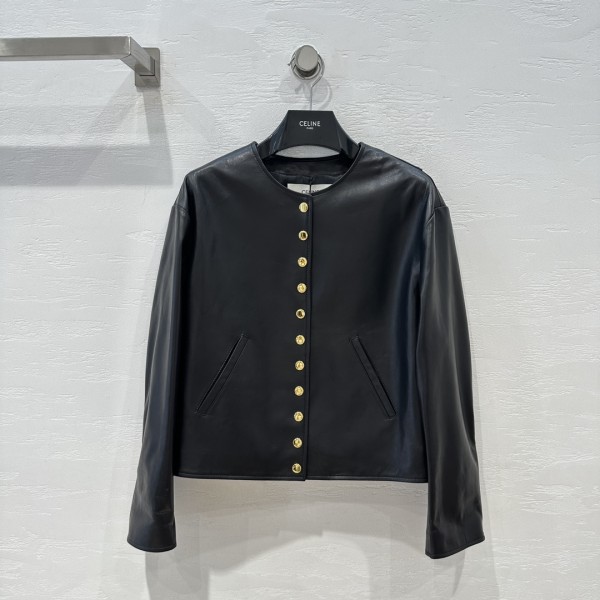 Celine silhouette gold buckle leather jacket