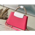 𝐋𝐎𝐔𝐈𝐒𝐕𝐔𝐈𝐓𝐓𝐎𝐍 M22752/M48865 Small Raspberry Red with White Chain Strips This CAPUCINES handbag