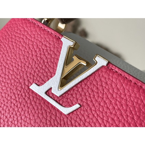 𝐋𝐎𝐔𝐈𝐒𝐕𝐔𝐈𝐓𝐓𝐎𝐍 M22752/M48865 mini Raspberry Red with White Chain Strips This CAPUCINES handbag