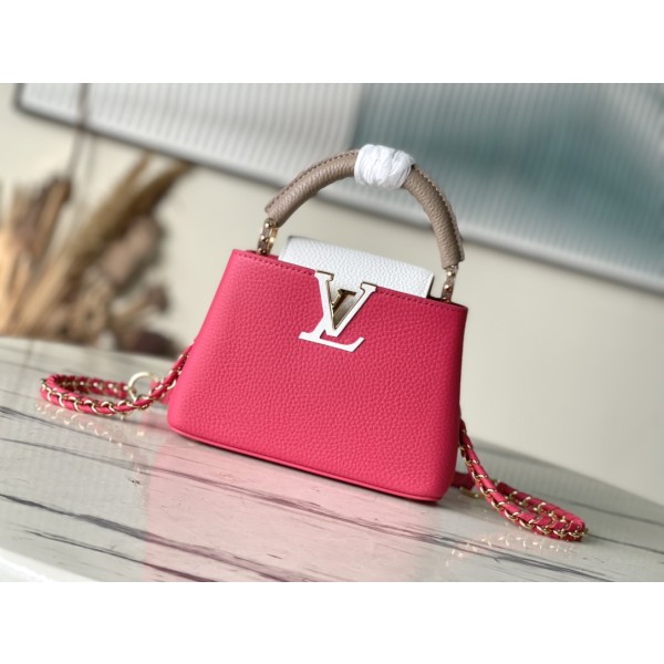 𝐋𝐎𝐔𝐈𝐒𝐕𝐔𝐈𝐓𝐓𝐎𝐍 M22752/M48865 mini Raspberry Red with White Chain Strips This CAPUCINES handbag