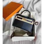 Mini Kelly 2nd Generation Three Panel Color 89 Black/2Z Midnight Blue Inner Panel 55 Red Gold Button Epsom
