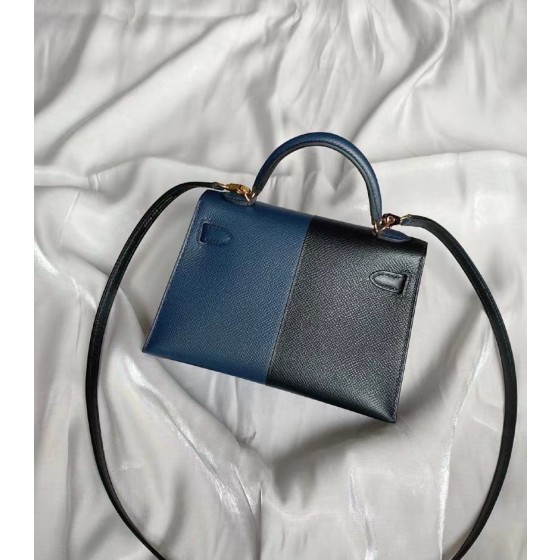 Mini Kelly 2nd Generation Three Panel Color 89 Black/2Z Midnight Blue Inner Panel 55 Red Gold Button Epsom