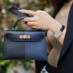 Mini Kelly 2nd Generation Three Panel Color 89 Black/2Z Midnight Blue Inner Panel 55 Red Gold Button Epsom