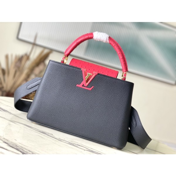 𝐋𝐎𝐔𝐈𝐒𝐕𝐔𝐈𝐓𝐓𝐎𝐍 N83103 Black and Red Ostrich Pattern Capuchines Handbag