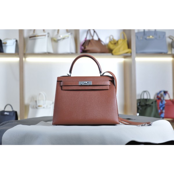 Kelly 28 brick red silver buckle French sheepskin