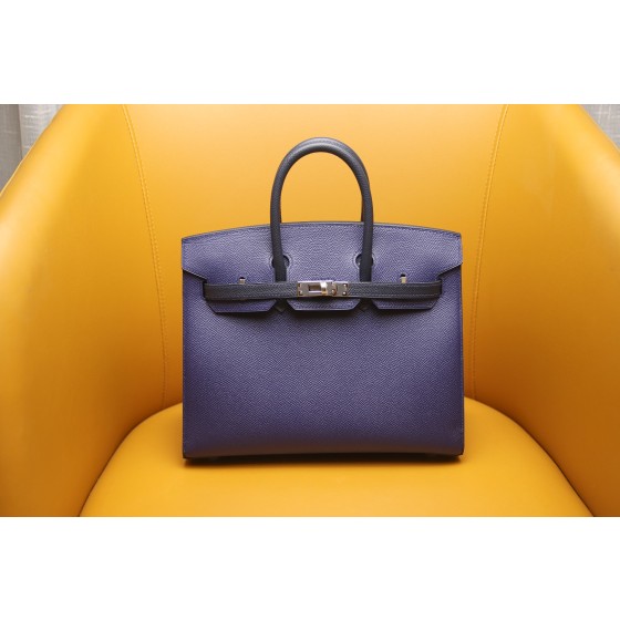Birkin25 outer seam gemstone blue with midnight blue EPSOM silver buckle