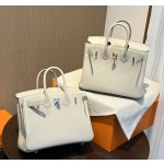 Birkin 25cm original imported Togo calfskin glacier white gold and silver buckle all handmade beeswax thread stitching