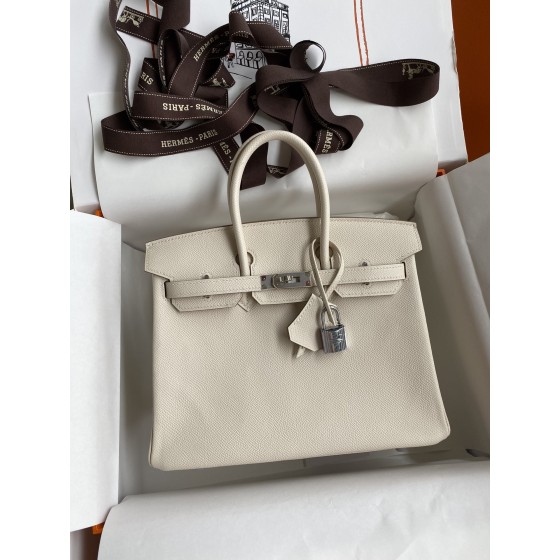 Birkin 25cm Epsom Leather Milkshake White Silver Buckle