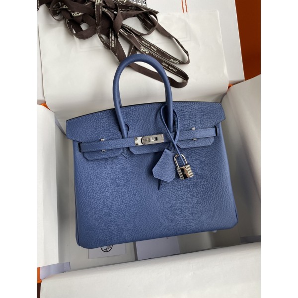 Birkin 25cm Epsom Leather Onyx Blue Silver Buckle