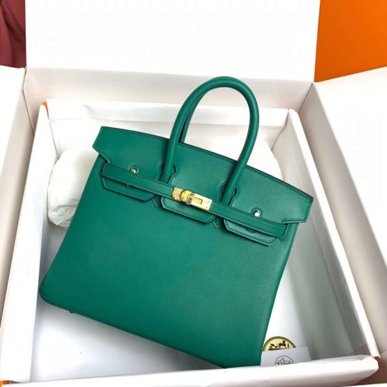 Birkin 25cm u4 velvet green gold buckle silver buckle  Original swift calfskin top craftsmanship beeswax thread handmade