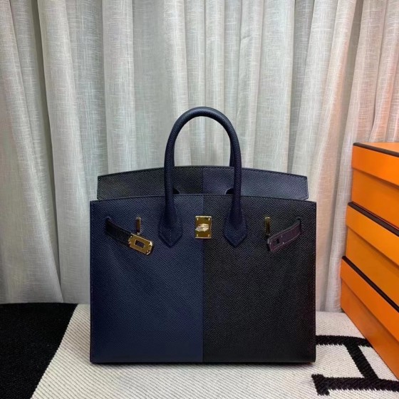 Birkin25 outer seam new triple color Epsom leather black ➕ midnight blue ➕ Frida blue