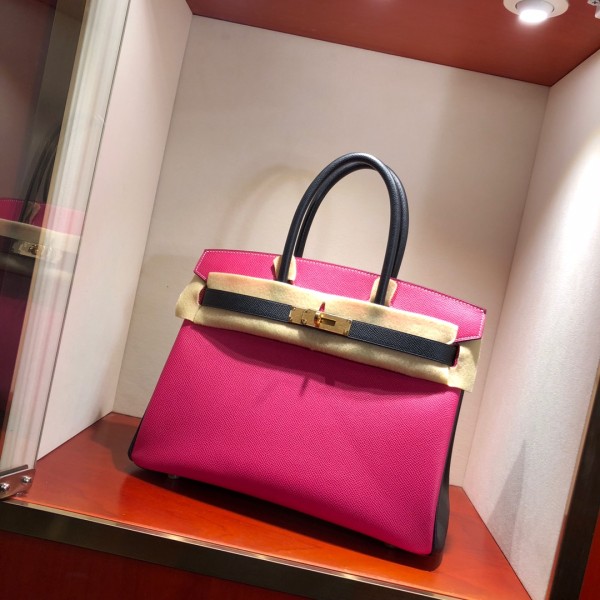 Birkin 30Cm Epsom E5 Rose Tyrien Rose spell 89 Noir black gold buckle top craftsmanship hand stitching waxed thread