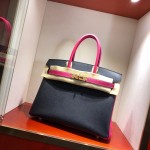 Birkin 30Cm Epsom 89 Noir Black spell E5 Rose Tyrien Rose gold buckle Top craftsmanship Hand-stitched waxed thread