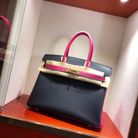 Birkin 30Cm Epsom 89 Noir Black spell E5 Rose Tyrien Rose gold buckle Top craftsmanship Hand-stitched waxed thread