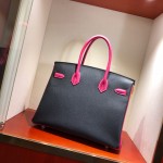 Birkin 30Cm Epsom 89 Noir Black spell E5 Rose Tyrien Rose gold buckle Top craftsmanship Hand-stitched waxed thread
