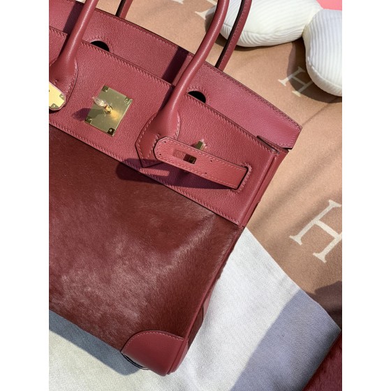 birkin30/25 burgundy imported fetal cow hair spelling swift all handmade gold buckle
