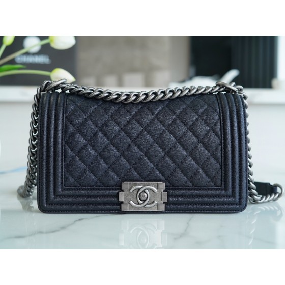 𝗖𝗵𝗮𝗻𝗲𝗹 𝗟𝗲𝗯𝗼𝘆  Original "INCAS" lychee grain calfskin：Medium Antique Silver Dark Blue