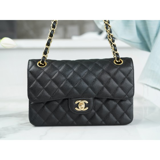 𝐂𝐇𝐀𝐍𝐄𝐋 Classic Flap France 🇫🇷 𝐇𝐚𝐚𝐬Original Lychee Ball Pattern 🐂 Classic Flap Bag Gold Buckle Small Black 🖤