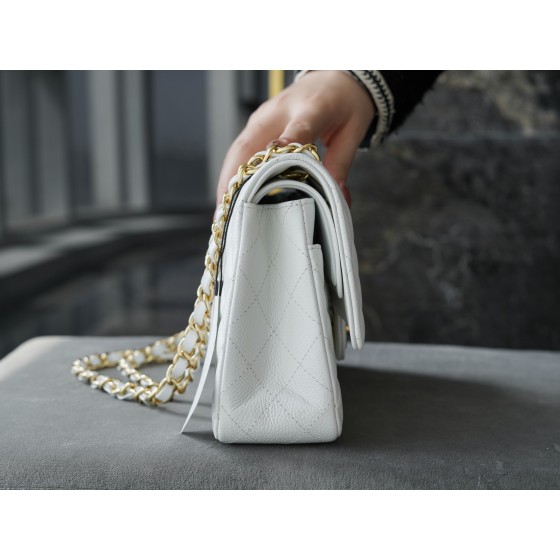 𝐂𝐇𝐀𝐍𝐄𝐋 Classic Flap France 🇫🇷 𝐇𝐚𝐚𝐬 Original Caviar🐂 Custom Calfskin Classic Mouth Flap Bag Medium Gold Buckle White