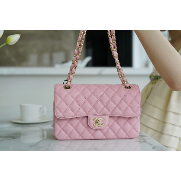 𝐂𝐇𝐀𝐍𝐄𝐋 Classic Flap France 🇫🇷 𝐇𝐚𝐚𝐬 Original Caviar🐂 Washed Fetal Cow Small 🌸Pink