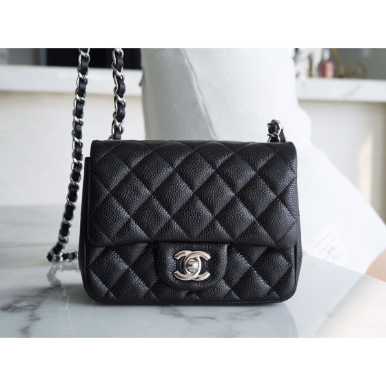 𝐂𝐇𝐀𝐍𝐄𝐋 Classic Flap France 𝐇𝐚𝐚𝐬Original Lychee Pattern🐂 Classic Flap Bag Fang Fatty🔆Black Silver🖤