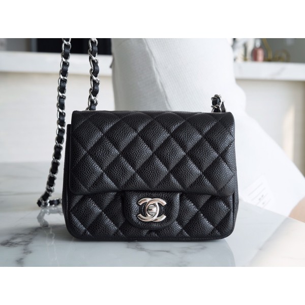 𝐂𝐇𝐀𝐍𝐄𝐋 Classic Flap France 𝐇𝐚𝐚𝐬Original Lychee Pattern🐂 Classic Flap Bag Fang Fatty🔆Black Silver🖤