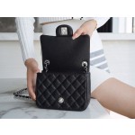 𝐂𝐇𝐀𝐍𝐄𝐋 Classic Flap France 𝐇𝐚𝐚𝐬Original Lychee Pattern🐂 Classic Flap Bag Fang Fatty🔆Black Silver🖤