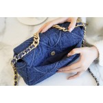 𝗖𝗛𝗔𝗡𝗘𝗟 ❶❾ 𝗕𝗔𝗚 Original Denim fabric series ❥ Genuine leather ❥ Small ❥𝟮𝟮𝗣 Denim Denim Denim Blue 🧢