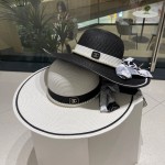 [CHANEL Chanel] 2023 new straw woven straw hat with large eaves and colored ribbon