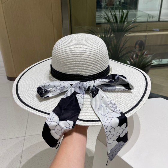 [CHANEL Chanel] 2023 new straw woven straw hat with large eaves and colored ribbon