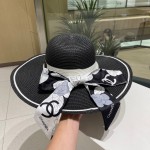 [CHANEL Chanel] 2023 new straw woven straw hat with large eaves and colored ribbon