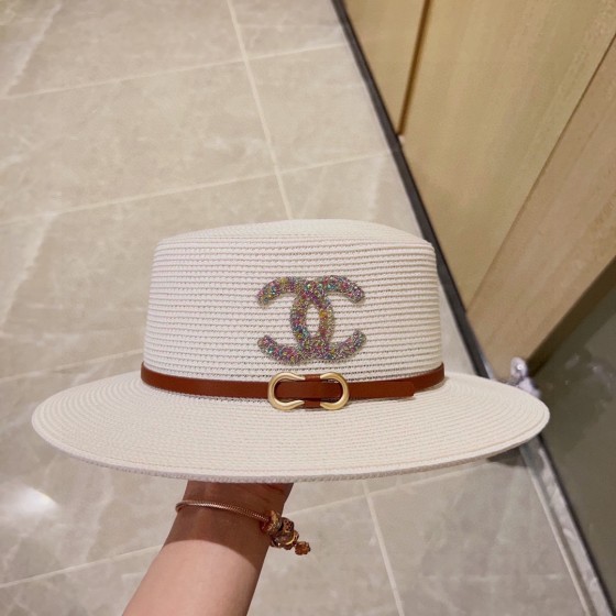 CHANEL big belt braided straw hat