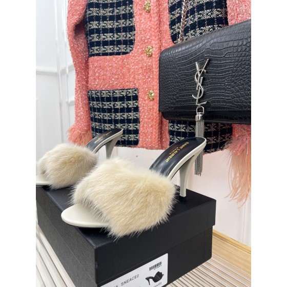 𝙎𝙖𝙞𝙣𝙩 𝙇𝙖𝙪𝙧𝙚𝙣𝙩 | 𝟐𝟎𝟐𝟐/𝐒𝐒 𝐧𝐞𝐰 YSL｜23ss early spring mink fur one high heel slippers