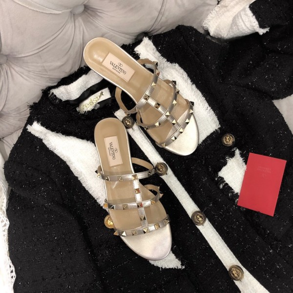 【Valentino】Valentino Top Edition Metallic Gunmetal 3 Strap Flat Slippers