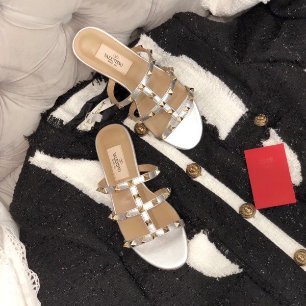 【Valentino】Valentino Top Edition Metallic Silver 3 Strap Flat Slippers