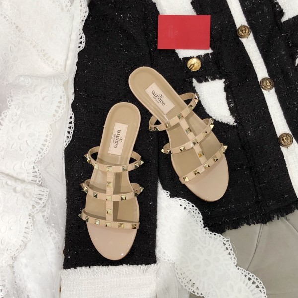 【Valentino】Valentino top version nude patent leather 3 strap flat slippers