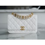 𝗖𝗛𝗔𝗡𝗘𝗟✦ Italian lychee grain calfskin 𝟮𝟐𝑲 New Chain 𝐦𝐢𝐧𝐢 𝐰𝐨𝐜 Cell Phone Bag White