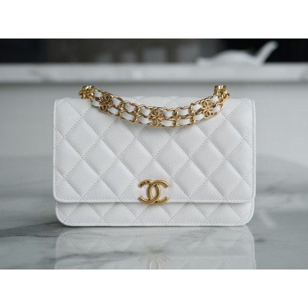 𝗖𝗛𝗔𝗡𝗘𝗟✦ Italian lychee grain calfskin 𝟮𝟐𝑲 New Chain 𝐦𝐢𝐧𝐢 𝐰𝐨𝐜 Cell Phone Bag White